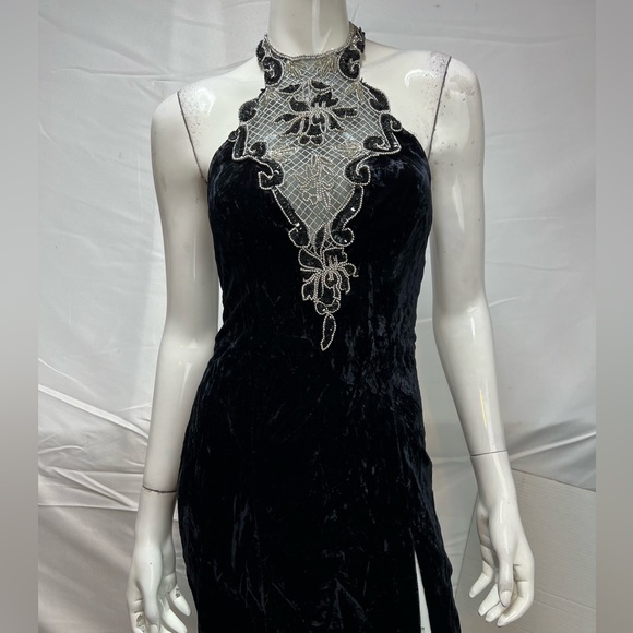 Zum Zum Vintage Black Velvet 90s Sequins Silver Beaded Halter Long 5-6 Dress XS - Picture 5 of 6